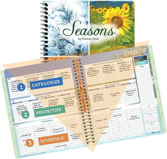 Planner Pad Spiral Bound July 2026 – June 2027 / Academic Year 6 3/4" x 8 1/2" 3-Tier Funnel Down 12 Month Medium Size Organizer, Seasonal Color Ink