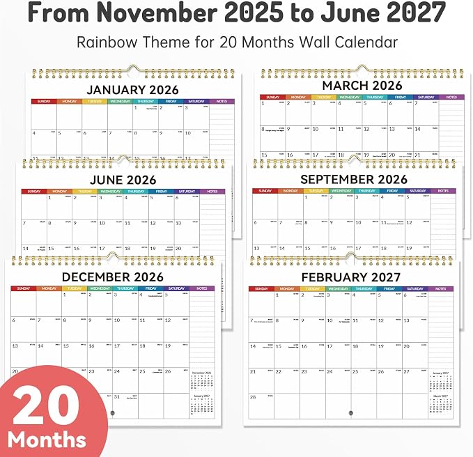 Forvencer 2026 Calendar, 18-Month Wall Calendar 2026, Jan 2026 to Jun 2027, 11" x 8.5" Monthly Planner Calendars with Note Pages & Stickers, Unruled Blocks, Spiral Binding Hanging for Home Office