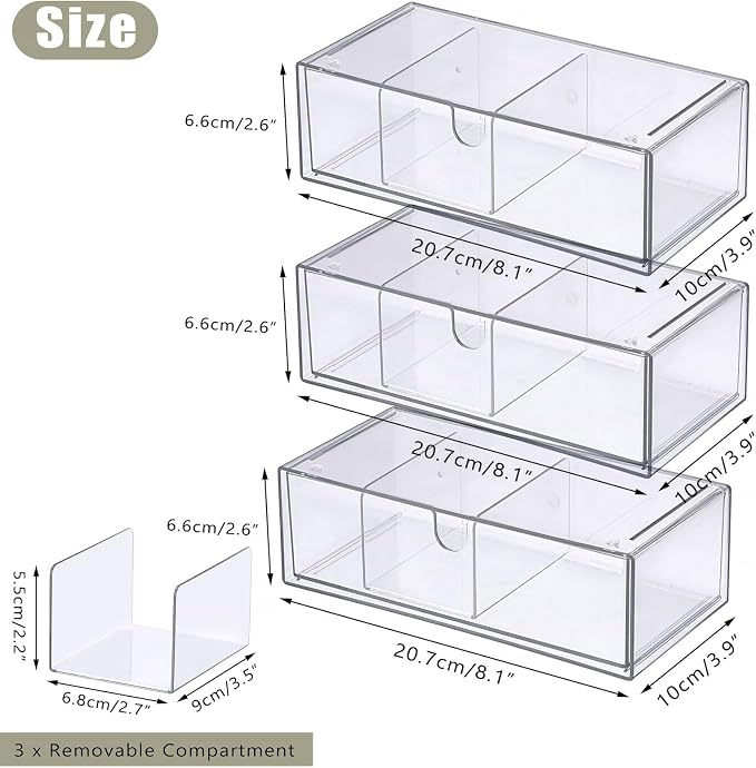 Acrylic Pencil Drawer with Removable Dividers Clear Pull Out Pen Drawer Organizer Stackable Bathroom Organizer for Makeup, Cosmetics, Office Supplies,3 Pack