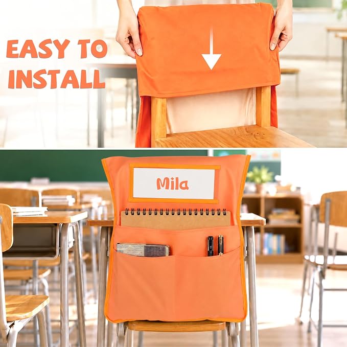 12pcs for Classroom 16.3x19.7inch Classroom Chair Pockets with Name Tag 3 Pockets Chair Organizer for Teacher Student School Office(Pastel)