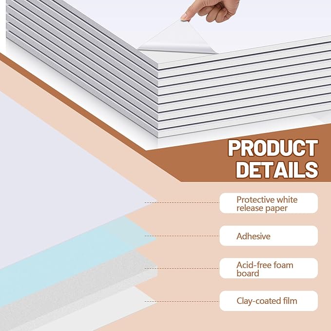 Pushglossy 25 Sheets 18 x 24 x 3/16" Self Adhesive Foam Board White Self-Adhesive Tack Foam Boards Large Free Mounting Poster for Crafts Presentation Vision Board Signboard and Party Decorations