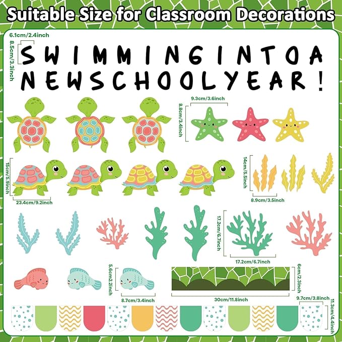 Justforjoyful Sea Turtle Bulletin Board Set Ocean Cutout Classroom Decoration Summer Under The Sea Animal Border Wall Decor for Education Learning School Supplies