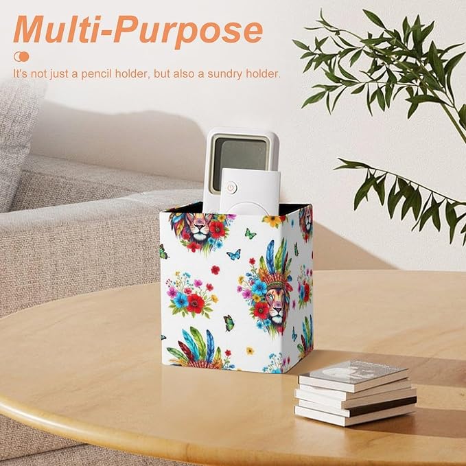 Holder Cup Makeup Brush Storage Organizer, Waterproof Multifunctional Office Supplies, Pen Holder Square Leather Pencil Colorful Lion Flowers Floral White Art