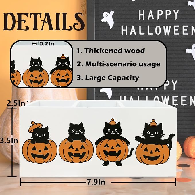 Halloween Black Cat Pen Holder for Desk, Funny Pumpkin Cute Black Kitten Wooden Box Sign Desk Decor for Home Office Decoration, Fall Halloween Pencil Organizer, Cat Lover Gifts