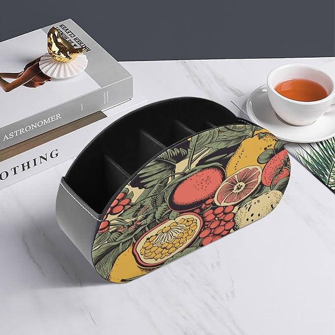 Remote Control Holder,Fruits And Leaves Printed PU Leather Remote Caddy Desktop Organizer with 5 Compartments for Media Accessories & Office Supplies Storage