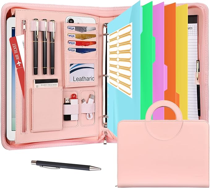 Leathario Portfolio Binder, Includes 5 Folder Index Dividers, 13 Inch Tablets Organizer with Handle, Vegan Leather A4 Padfolio, Multi-Pocket Notepad Business Planner Professional Document