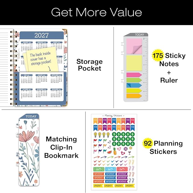 HARDCOVER Academic Year 2026-2027 Planner: 14 Months (May 2026 Through June 2027) 5.5"x 8" Daily Weekly Monthly Planner Yearly Agenda. Bookmark, Pocket Folder and Sticky Note Set (Colorful Botanicals)
