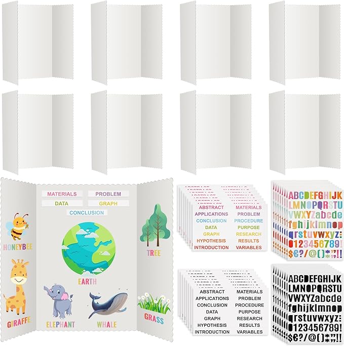 Teling 40 Pcs Trifold Poster Board 36" x 48" Large Science Fair Display Board Lightweight Fold Presentation Paperboard 8 Trifold Display Paperboard and 16 Letter Stickers and 16 Pcs Science Titles