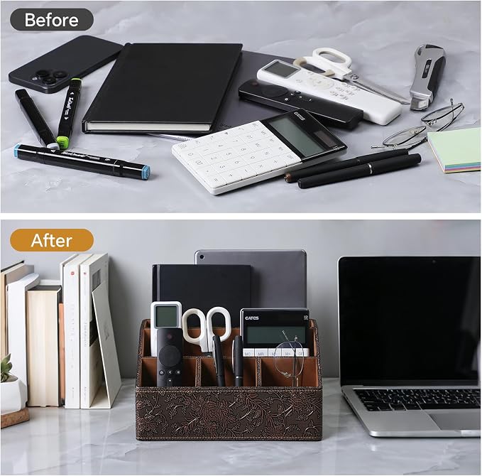 PU Leather Desktop Organizer, Home Luxury Remote Control Holder, Office Desk Accessory and Nightstand Storage Box, Vintage Style, Suitable for Living Room Tabletops (Brown Grape Pattern)