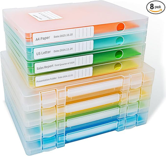 8 Packs Paper Storage Boxes, Plastic Multi-Purpose Thick Scrapbook Storage Box for Office,Craft or Art Supplies, 8.5 x 11 Plastic Portable Project Case for US letter Size and A4 paper