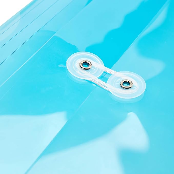 FANWU Plastic Legal Size Envelopes with String Tie Closure, 1-1/4" Expansion, Side Load, Clear File Folders Poly Project Paper Documents Puzzle Organizer for Office School Home (Blue -6 P)