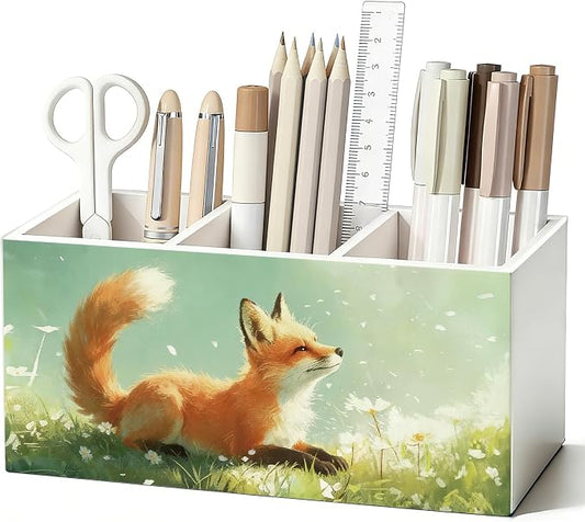 Fox Pen Pencil Holder for Desk, Fox Gifts for Women Men, Animal Lovers Gifts, Rustic Wildflower Wild Animal Wooden Box Sign Decorations for Kids Room Bedroom Home Office Desk Tabletop