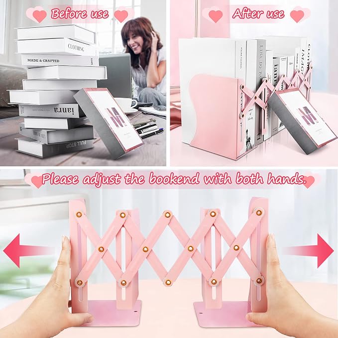 Non Skid Book Ends to Hold Books, Carooyac Heavy Duty Bookends Adjustable Book End, Metal Bookends for Shelves, Pink Book Holders Organizer for Bookshelf Desk - Extends up to 19"