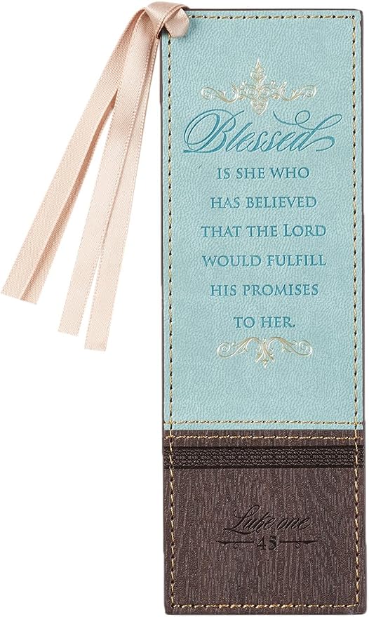 Christian Art Gifts Vegan Faux Leather Scripture Bookmark for Women: Blessed is She - Luke 1:45 Inspirational Bible Verse Heat-Debossed, Faith-Based Reading Book Accessory w/Ribbon Satin Tassel, Blue