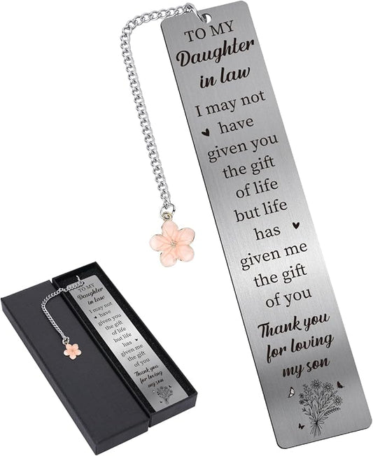 Daughter in Law Gifts - Future Daughter-in-Law Gift from Mother Metal Bookmarks for Birthday Wedding Anniversary Bridal Shower Book Marks with Flower Pendant for Women Book Lover Christmas