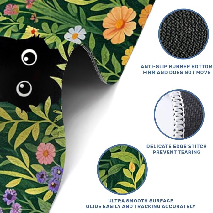 Black Cat Gaming Mouse Pad 35.4 x 15.7 Inches Kawaii Flower Meadow Cute Spring Garden Desk Mat with Non-Slip Rubber Base, Stitched Edges for Gaming,Office