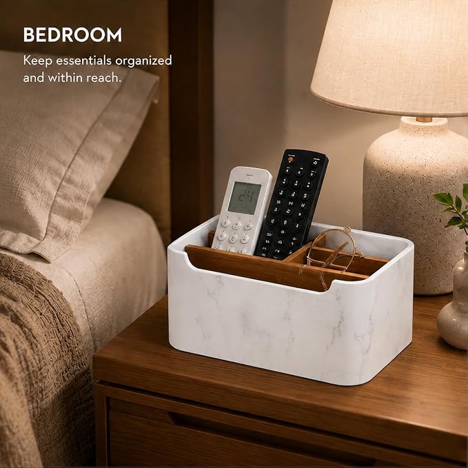 Remote Control Holder with Removable Wood Compartments for Media Devices, Desktop Stationery, and Bedside Nightstands,White