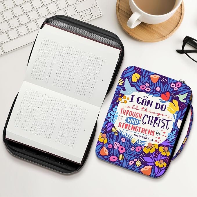 I Can Do All Things Bible Cover for Women with Handle and Zipper Pocket, Inspirational Floral Bible Case, Fits Standard Size Bible, Christian Gift for Girls, Church Use and Study