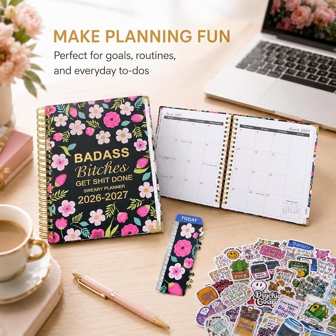 Badass Bitches Get Shit Done Sweary A5 Planner 2026-2027 - 6.2*8.5" Weekly Monthly You Are A Badass Calendar for Women, Fuck It Swear Daily Notebook Goals Productivity Journal Affirmations Gift, Black