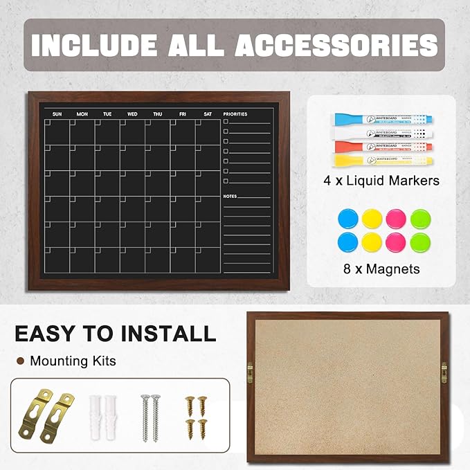 4 THOUGHT Monthly Calendar Chalkboard for Wall, 36" x 24" Magnetic Chalk Board with Rustic Frame, Large Blackboard Planner & Menu Board for Kitchen Home Office School, Includes 4 Markers & 8 Magnets
