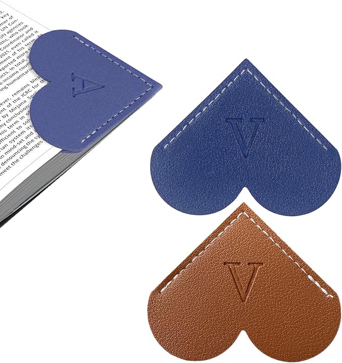 2Pcs Personalized Leather Heart Bookmark with Initial, 26 Letters Custom Corner Page Book Mark for Reading Women, Book Lovers, Teachers, Students, Cute Book Accessories Gifts(Blue+Dark Brown, V)