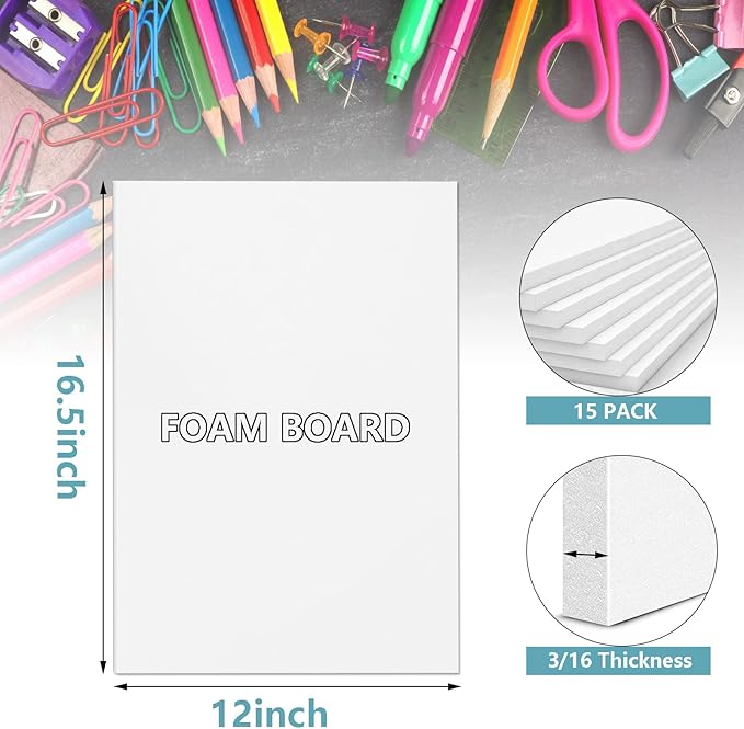 15 Pack White Foam Board for Projects, 12 x 16.5Inch Foam Core Baking Board Mat Board Center, 3/16Inch Thick Polystyrene Foam Sheet for School, Presentation, Signage & Art Crafting