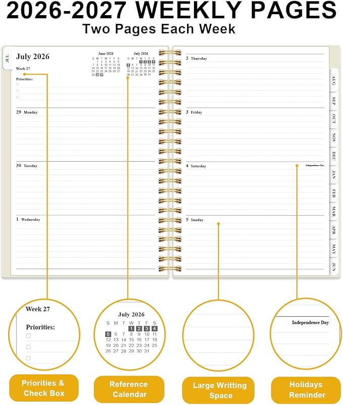 Planner 2026-2027 - Academic Planner from July 2026 to June 2027, Weekly & Monthly Planners Spiral Bound with 12-Month Tabs, Inner Pocket, 6.25" x 8.5", Beige