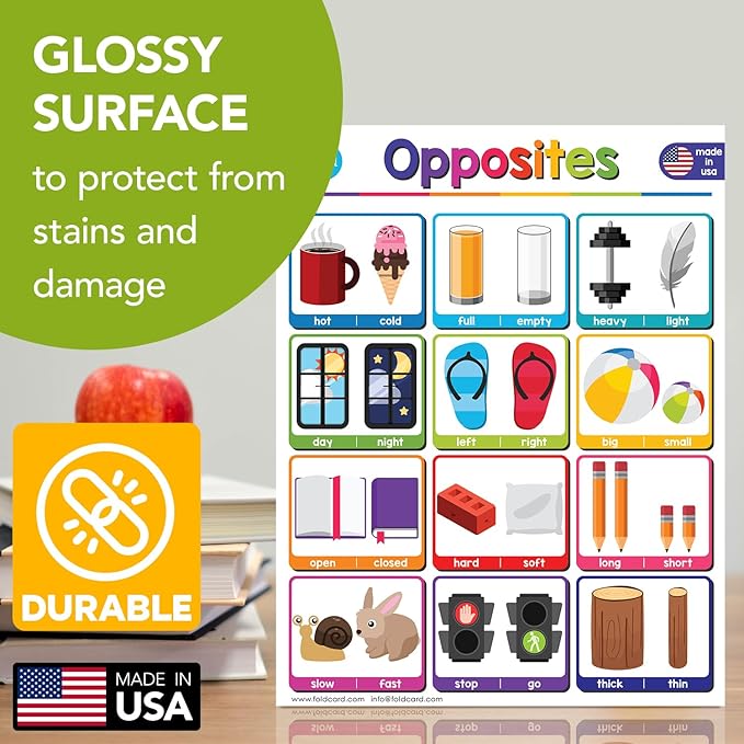 Opposites Chart for Preschool to Grade 1 Kids – Bright and Colorful Educational Visual/Learning Aid Poster Decoration for Classroom or Home | Glossy Durable Cardstock | 8.5" x 11" | 5 per Pack