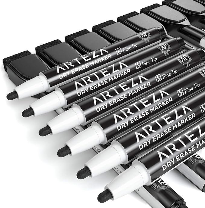 ARTEZA Black Dry Erase Markers with Erasers – Pack of 36 Magnetic Fine Tip Whiteboard Pens with Low-Odor Ink for Office & Home Use
