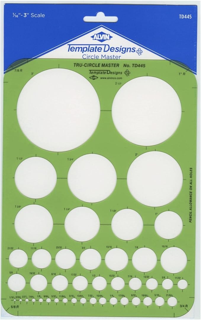 Alvin, Circle Guide Template, 44 Circles, 7 inches x 9.25 inches x .030 inches