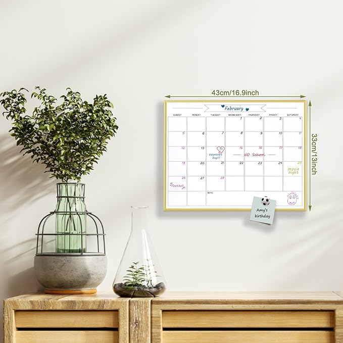 Dry Erase Monthly Calendar Whiteboard, 13"x 17" Gold Aluminum Frame, Magnetic White Board for Wall Office/School/Home, Hanging Board for Decoration/Kitchen Grocery List