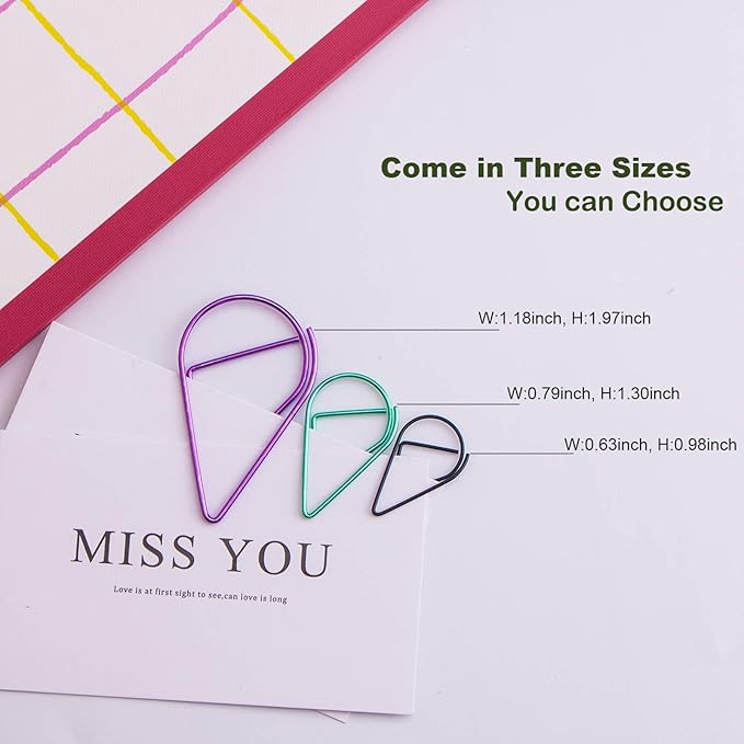 70 Pieces Multicolor Cute Paper Clips Large, VENCINK Smooth Stainless Steel Tear Drop-Shaped Wire Paperclips for Office Supplies Wedding Women Girls Kids Students Paper Work
