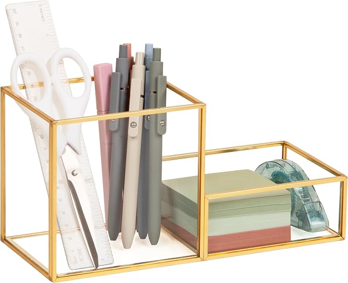 Mind Reader 2-Compartment Glass Catch-All Tray with Copper Trim, Desk Accessory Organizer for Office Supplies, Keys & Small Items, Glass and Copper, Clear