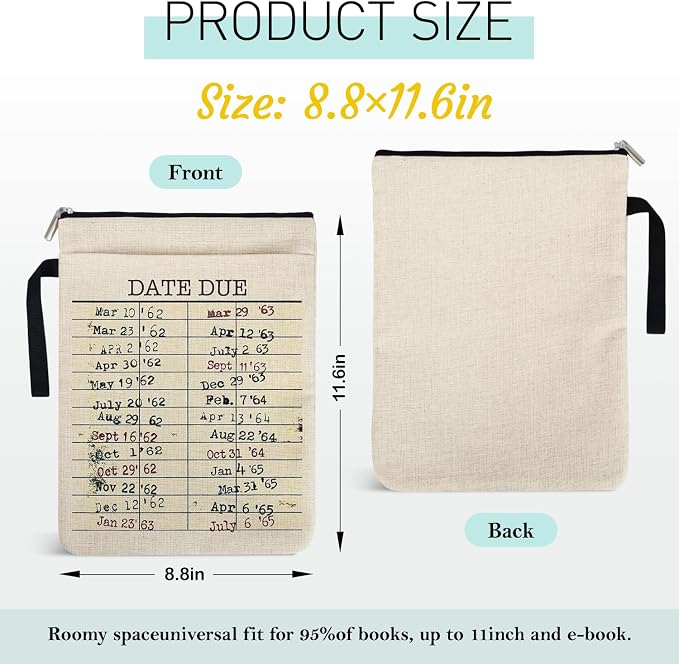 Library Date Due Book Sleeve Book Bag Gifts for Book Lover, Paperback Sleeve for Librarian Lovers Bookish Group Club Gifts for Women, Book Cover with Zipper and Front Pocket 9 x 12 Inch