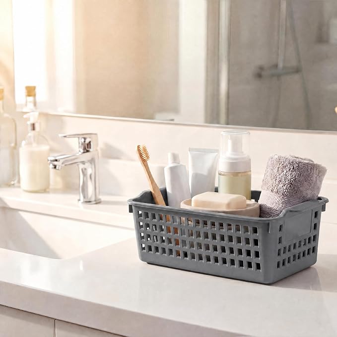 Domensi Gray 12 Pcs Slim Plastic Storage Baskets for Organizing 11.6" x 5" x 3.4" Small Narrow Storage Bins with Handles & Label Area Thin Pencil Trays for Bathroom Drawer Office Desk Closet