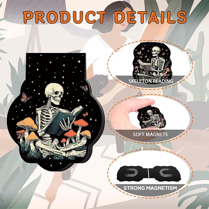 Wxiben Gothic Skeleton Bookmark Magnetic - 8 Pcs Skeleton Reading Bookmarks Magnetic Flower Skull Book Lover Book Marks Page Magnets Marker Clip Gifts for Women Men Students Teacher Reader Bookish