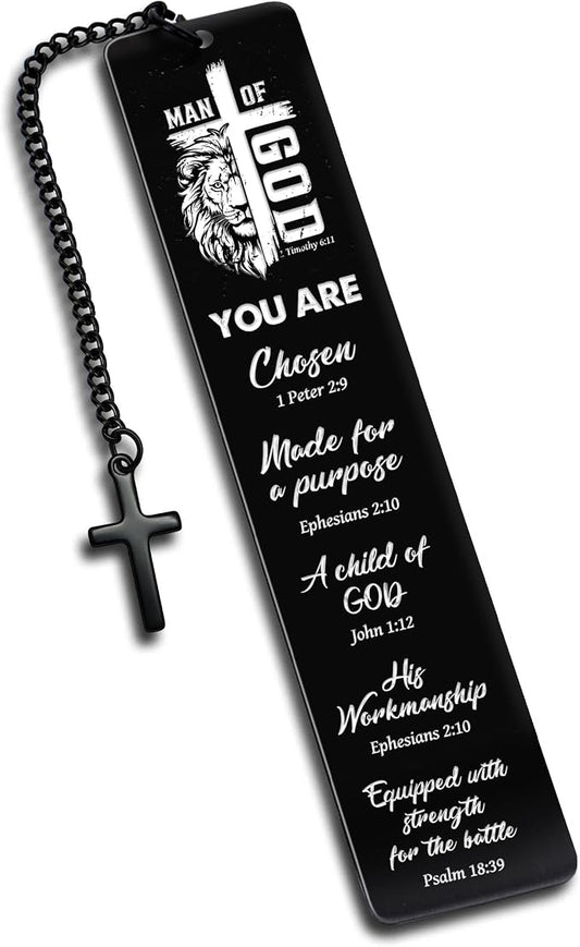 Bible Verse Metal Bookmark for Men, Man of God Christian Bookmark for Men, Religious Fathers Day Gift Scripture Book Mark with Cross Pendant for Husband Dad Reading Gifts