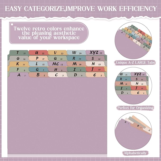 2 Set 50 Pcs Alphabet File Dividers A-z Top Tab Guides Set, Letter Size Filing Organizers 1/5 Cut Alphabetical File Folder Tabs for Home, Office, School(Vintage Colors)