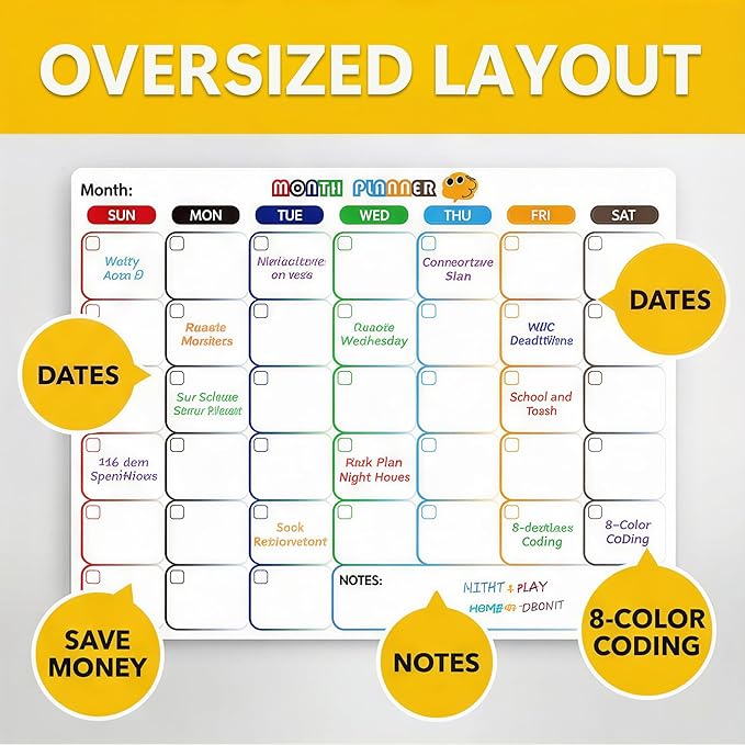 Li&Zhao Magnetic Calendar for Refrigerator - Calendar for Fridge Month Planner Whiteboard Sticker with 2 Erasers & 8 Colorful Markers - Perfect for Kitchen Meal Planning and Schedule Organizing