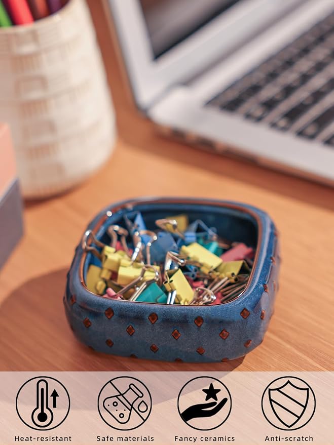 Ceramic Paper Clip Holder, Set of 2 Square Binder Holder Paper Clamp Dispenser Organizer, Desktop Accessories, Office Decor (Vintage Blue)