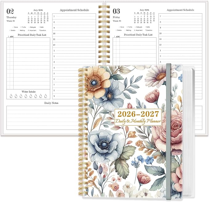 2026-2027 Daily & Monthly Planner Calendar - Daily Planner Calendar One Page Per Day from July 2026 to June 2027, Flexible Cover, 7" x 10", Storage Pocket, Colorful Large Flower