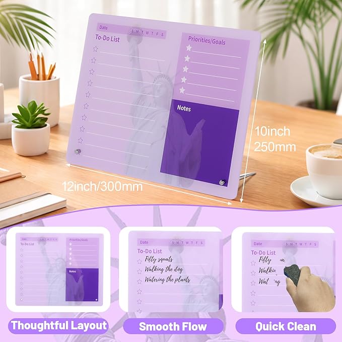 LeMotech Desktop Acrylic Dry Erase Board, 12x10 inches to-Do List Planner, Tabletop Whiteboard with Stand Office Supplies Includes 2 Markers & 1 Eraser, Purple Statue of Liberty Pattern, 1 Pack