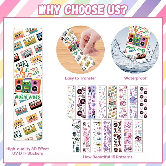 Peacoblue 30pcs UV DTF Bookmarks Transfer Stickers Wraps Music Series for Women Men Reading, Waterproof Bookmarkers Decal(No Blank Bookmarks) for Acrylic Plastic Metal Blank Bookmark