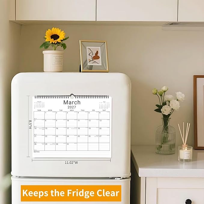 2026 Wall Calendar, 12 Month 11”x8.5 ‘’ Year Monthly Organizer from January 2026-2027 Small Mini Horizontal Blank Spiral Bound Wire Hanging Calendar w/ Lines for Family, Home, Kitchen, Office White3