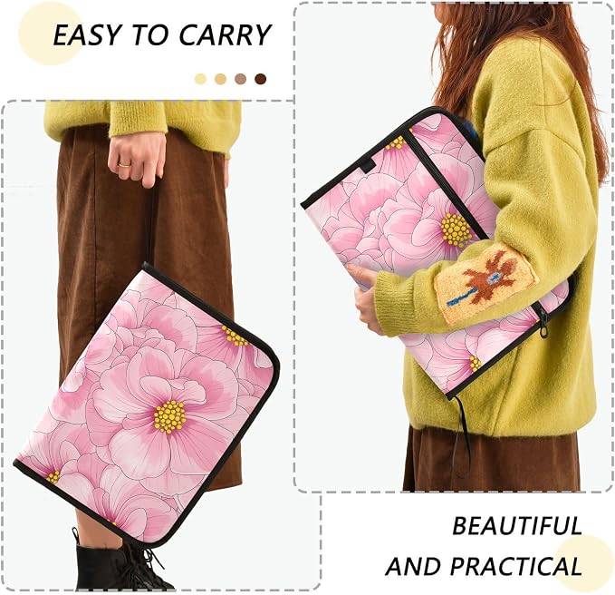 ALAZA Pink Flowers Floral Expanding Filing Folder, 13 Pockets Expandable Document Organizer Folder with Zipper Closure for Home Office A4 Letter Size Paper Document