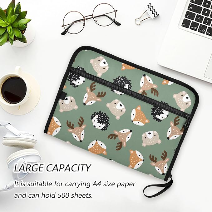 Cute Woodland Animal Heads File Folders,Plastic Folders with 13 Pockets,Expandable File Folder for Documents School Students Office,Aesthetic Folder with Labels A4 Letter Size