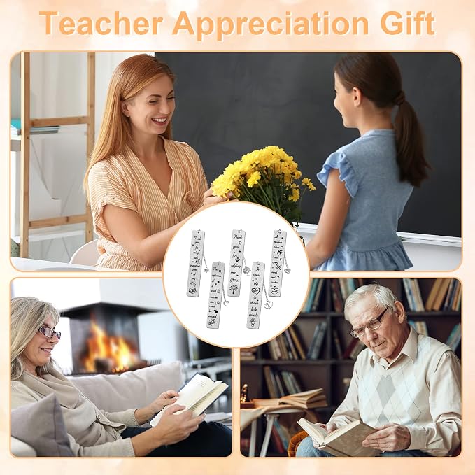 5 Pieces Teacher Bookmark Metal Teachers Appreciation Bookmark,Teacher Appreciation Gift for Women Kindergarten Preschool Teacher Thank You Gifts from Students (Silver)