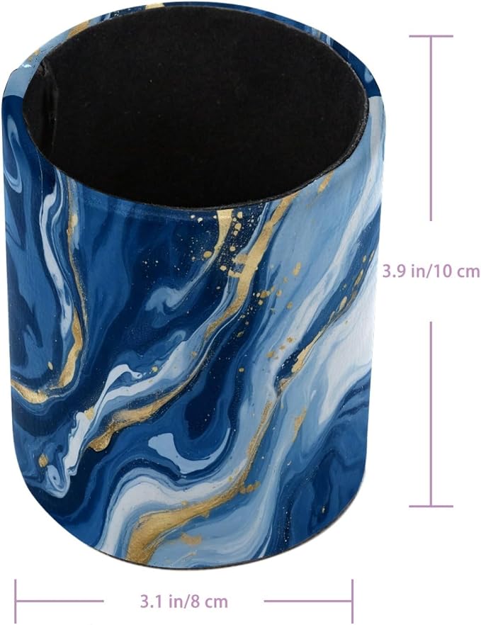 Blue Abstract Fluid Marble Leather Pen Holder for Desk, Multifunctional Desktop Organizer Pencil Cup, Desktop Caddy Stationery Organizer for School Home Office Desk Accessories
