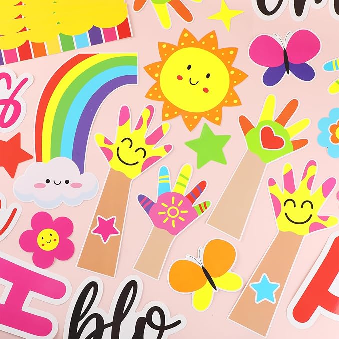 gisgfim Motivational Handprint Bulletin Board Decorations Welcome Back to School Paper Cutouts Happiness Blooms in This Room Classroom Colorful Rainbow Flower Bulletin Board Decor for Chalkboard Wall