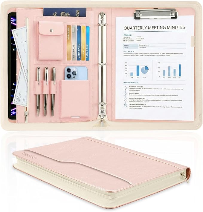 Zippered Padfolio with 3-Ring Binder & Clipboard, PU Leather Portfolio Organizer for Men Women, A4 Document Holder with Phone Pocket Pen Loops Card Slots, Professional Business Folder Rose Gold